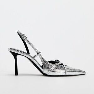 NWT. Zara Silver Buckled Strap Heeled Shoes. Size 6.